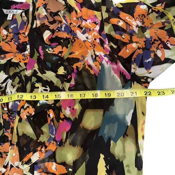 Cabi Multicolor Floral Cascade Ruffle and Tie Front Semi Sheer Top/Tunic-Medium - Picture 7 of 10